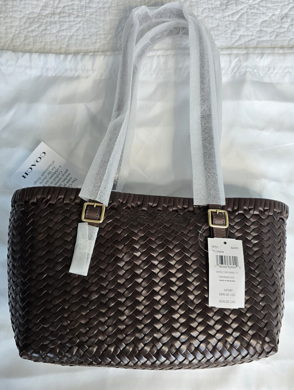 Coach Woven Leather Swing Tote Maple Brown - Picture 7 of 8